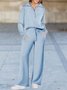 Half Open Collar Loose Casual Plain Two-Piece Set
