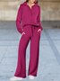 Half Open Collar Loose Casual Plain Two-Piece Set