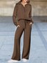 Half Open Collar Loose Casual Plain Two-Piece Set