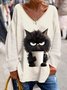 Cat Knitted V Neck Casual Blouse