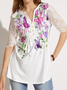 JFN V Neck Butterfly Floral Lace Daily Cotton-Blend Tunic Tops