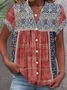 Women Random Print Short Sleeve Shirt Summer Notched Daily Casual Top