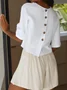 Women's Short Sleeve Blouse Summer Plain Buckle Cotton Crew Neck Daily Going Out Casual Top White