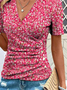 Women Floral Short Sleeve Tee T-shirt V Neck Buckle Casual Summer Top