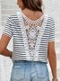Women's Short Sleeve Tee Summer Striped Lace Hollow out V Neck Going Out Elegant Top White Red