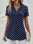 Women's Short Sleeve Blouse Summer Dark Blue Polka Dots Zipper V Neck Going Out Top