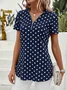 Women's Short Sleeve Blouse Summer Dark Blue Polka Dots Zipper V Neck Going Out Top