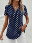 Women's Short Sleeve Blouse Summer Dark Blue Polka Dots Zipper V Neck Going Out Top