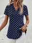 Women's Short Sleeve Blouse Summer Dark Blue Polka Dots Zipper V Neck Going Out Top