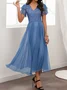 Women's Short Sleeve Summer Blue Plain Split Joint V Neck Party Going Out Elegant Maxi X-Line Formal Dress Dress
