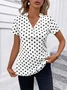 Women's Short Sleeve Blouse Summer Dark Blue Polka Dots Zipper V Neck Going Out Top