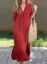 Women Plain Short Sleeve Summer Dress V Neck Daily Casual Maxi H-Line Dress