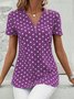 Women's Short Sleeve Blouse Summer Dark Blue Polka Dots Zipper V Neck Going Out Top
