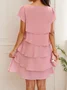 Women's Short Sleeve Summer Plain Folds Chiffon Crew Neck Party Going Out Simple Midi H-Line Pink Dress