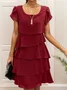 Women's Short Sleeve Summer Plain Folds Chiffon Crew Neck Party Going Out Simple Midi H-Line Pink Dress