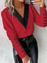 Women's Long Sleeve Blouse Spring/Fall Color Block Buckle V Neck Daily Going Out Casual Top