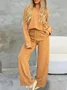 Women's Plain Buckle Two-Piece Set Daily Long Sleeve Casual Spring/Fall Top With Pants Matching Set