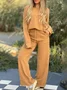 Women's Plain Buckle Two-Piece Set Daily Long Sleeve Casual Spring/Fall Top With Pants Matching Set