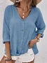 Women Plain Long Sleeve Shirt Spring/Fall V Neck Daily Casual Top