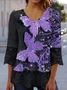 Women Floral Three Quarter Sleeve Blouse Spring/Fall V Neck Daily Casual Top