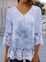 Women Floral Three Quarter Sleeve Blouse Spring/Fall V Neck Daily Casual Top