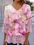 Women Floral Three Quarter Sleeve Blouse Spring/Fall V Neck Daily Casual Top