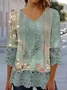 Women Floral Three Quarter Sleeve Blouse Spring/Fall V Neck Daily Casual Top