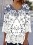 Women Floral Three Quarter Sleeve Blouse Spring/Fall V Neck Daily Casual Top