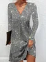 Women Sequin Long Sleeve Spring/Fall Dress V Neck Party Holiday Casual Midi H-Line Dress