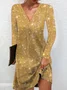Women Sequin Long Sleeve Spring/Fall Dress V Neck Party Holiday Casual Midi H-Line Dress