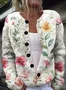 Women's Casual Winter Plants Printed Knitted Floral Cardigan