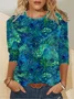 Women's Green Floral Long Sleeve Blouse_ Spring/Fall Crew Neck Daily Casual Top