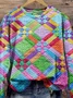 Women's Colorful Checkered Print Casual Long Sleeve Crew Neck Sweatshirt