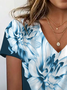 Women Floral Short Sleeve Tee T-shirt V Neck Casual Summer Top