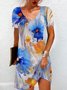 Women Floral Short Sleeve Summer Dress Crew Neck Daily Casual Mini Tunic H-Line Dress