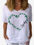 Women's St Patricks Day Shamrock Love Print Short Sleeve V Neck Cotton T-Shirt