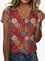 Women's  Moroccan Print V-Neck Short Sleeve Summer T-shirt