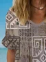 Women's Short Sleeve Blouse Summer Ethnic Cotton Crew Neck Daily Going Out Casual Top