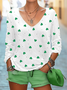 Women's Shamrock Long Sleeve Tee T-shirt V Neck Vintage Spring/Fall Top