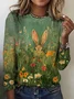Women Rabbit Print Long Sleeve Tee T-shirt Crew Neck Vintage Spring/Fall Top