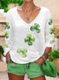 Women's Long Sleeve Tee T-shirt Spring/Fall Shamrock St Patrick's Day Floral V Neck Casual Graphic Tee Top