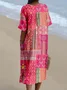 Women Multicolor Block Short Sleeve Summer Dress V Neck Daily Vintage Maxi O-Line Dress