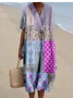 Women Multicolor Block Short Sleeve Summer Dress V Neck Daily Vintage Maxi O-Line Dress