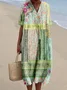 Women Multicolor Block Short Sleeve Summer Dress V Neck Daily Vintage Maxi O-Line Dress