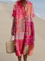 Women Multicolor Block Short Sleeve Summer Dress V Neck Daily Vintage Maxi O-Line Dress