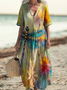 Women Dragonfly Long Sleeve Spring/Fall Dress V Neck Daily Vintage Maxi Fit & Flare Dress A-Line Dress
