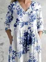 Women's Floral Long Sleeve Spring/Fall Printing Dress V Neck Daily Casual Maxi T-Shirt Dress A-Line Dress