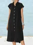 Women's Plain Short Sleeve All Season Dress Stand Collar Daily Casual Midi Shirt Dress H-Line Dress