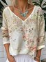 Women's Floral Long Sleeve Tee T-shirt V Neck Vintage Spring/Fall Top