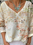 Women's Floral Long Sleeve Tee T-shirt V Neck Vintage Spring/Fall Top